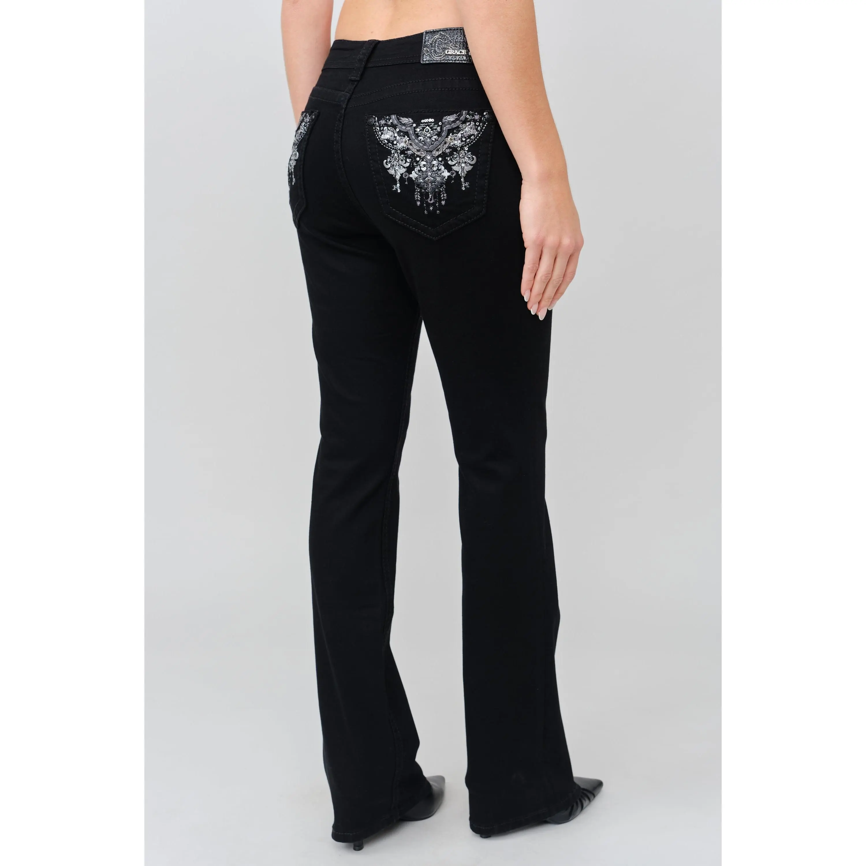 Baroque Chandelier Black Bootcut Jeans Women Mid Rise Silver Embroidered Rhinestone Denim