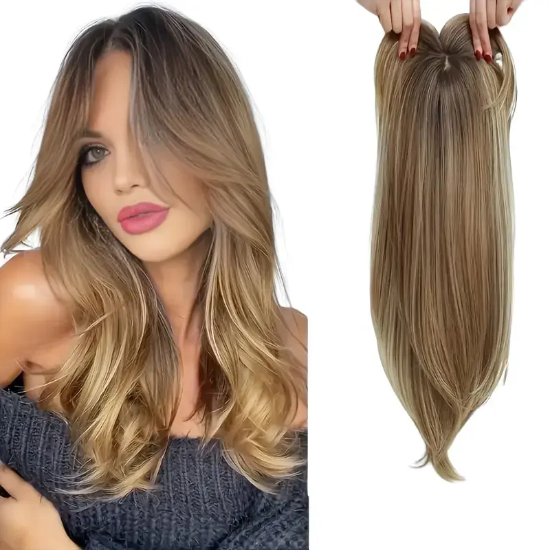 Women's 1pc Elegant Straight Cut Synthetic Wig Topper - 22 in Ombre Blonde with Deep Roots, Heat Resistant High Temperature Fiber, Natural Look, Easy to Maintain, Bangs Included, Suitable for All Hair Types