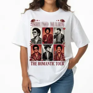 Bruno 24K Magic The Romantic Tour Unisex T-Shirt, Vintage 6 Panel Collage Portrait Graphic Tee with The Hooligans, Great Gift Idea for Music Lovers O