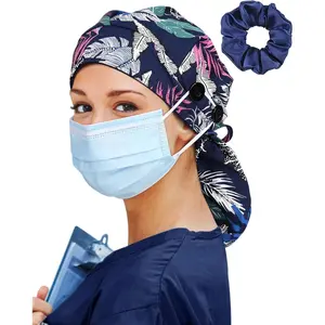 Satin Lined Scrub Cap for Women Extra Large Long Hair Surgical Nurse Cap 4 Buttons