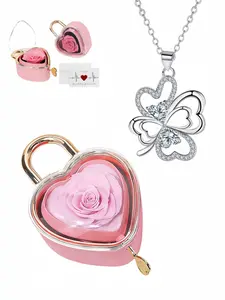 Diamond Leaf Lucky Charm Four-leaf clover gem clavicle necklace, matched with a rotating heart-shaped preserved rose jewelry box. Ideal for women as gifts for birthdays, Mother’s Day, Valentine’s Day, Christmas and anniversaries.