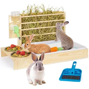 4 in 1 Rabbit Hay Feeder with Litter Box Small Animals Hay Rack with Water Bottle 2 Bowls Wooden Bunny Hay Holder Feeder Toilet Combo for Rabbit Guinea Pig Hamster Hedgehog Chinchillas