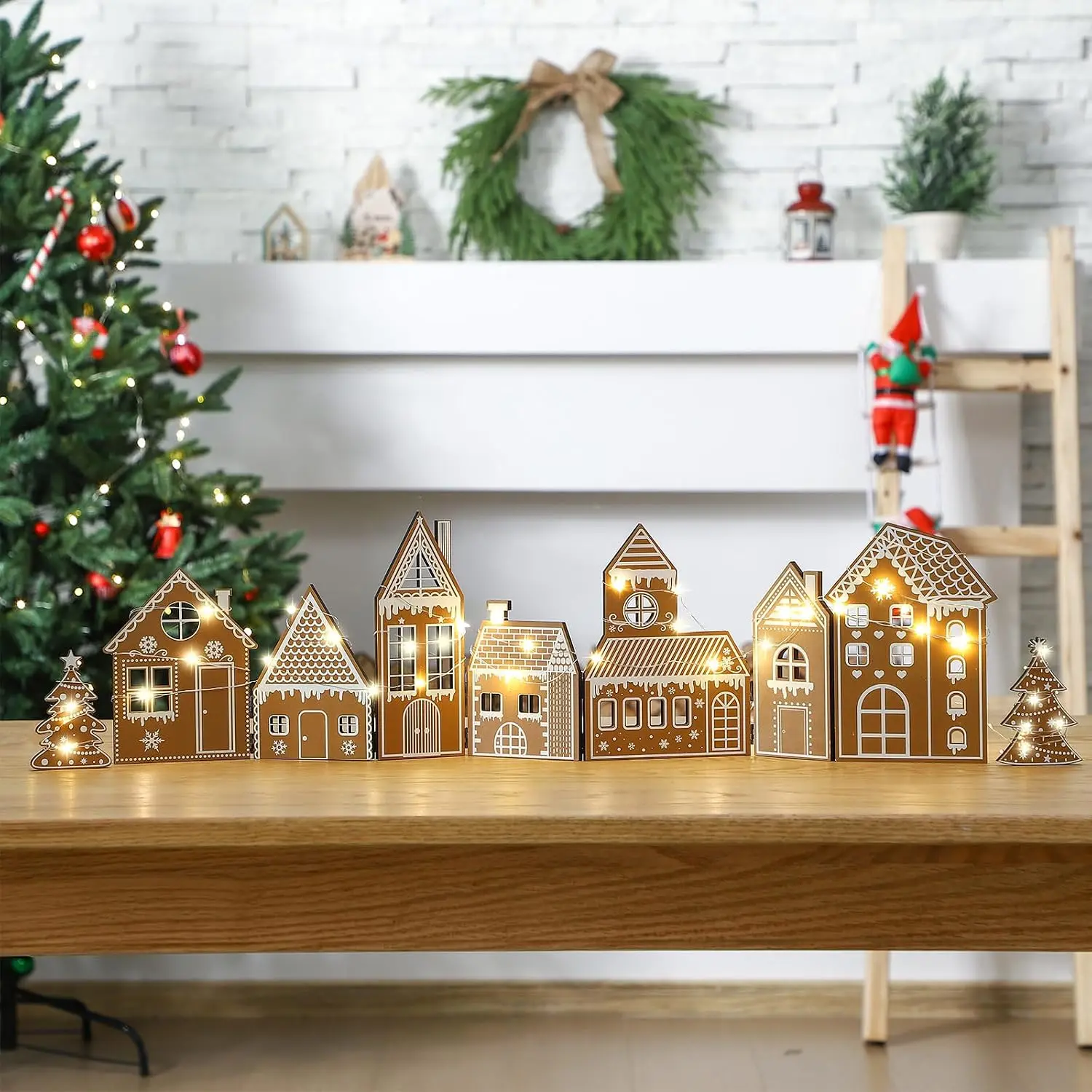 1 Set Foldable Christmas Gingerbread House Decoration - Wooden Kitchen Decor with LED Light, No-Assembly Holiday Display Gift for Xmas Party Home Village