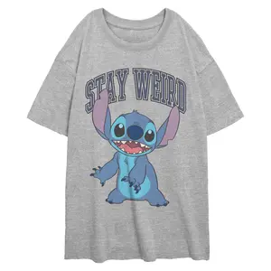 Lilo & Stitch Juniors' Stay Weird Collegiate Graphic T-Shirt, Cute Casual Oversized Shortsleeve Fashion Top