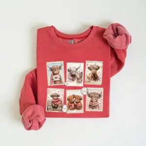 Valentine Highland Cow Sweatshirt, Valentine Highland Cow Denim Coquette Sweatshirt, Valentine's Day Shirt, Retro Valentine Heifer Cowgirl Denim Patchwork