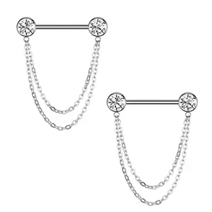Front Facing Clear CZ Double Dangle Threadless Titanium Nipple Barbell