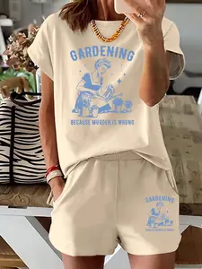 2-Pack Fashionable Crew Neck Women's Short Sleeve Shorts Set Gardening Art T-Shirt Casual Solid Color T-Shirt and Hot Pants Set Women's Set Suitable fo