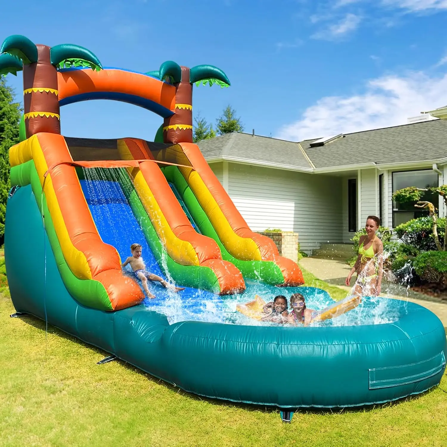 Water Slide Commercial, 21FT Big Water Slide for Kids and Adults with Powerful 950W Blower&Water Tube,100% Commercial Grade PVC Inflatable Adult Water Slides with Splash Pool (Green, 21x12x9FT)