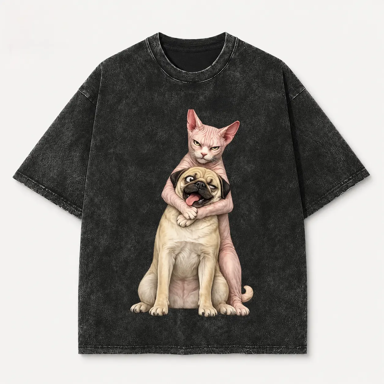 Men's Washed Black Classic Oversized Short-Sleeve T-Shirt - Sphynx Cat Hugging Pug Print, Cargo-Inspired Layer-Friendly Pet Lover Streetwear Tee with Shade Adaptability