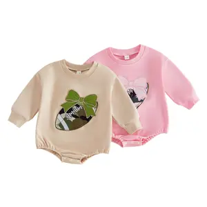 Infant Baby Girl Bubble Romper Fall Long Sleeve Football Bow Embroidery Camouflage Print Jumpsuit 0-18 Months