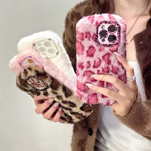 Fashion Leopard Fluffy Fur Case For iPhone 17 Pro Max 16 Plus 15 14 13 12 11 Kickstand Camera Lens Protection Frame Funda 17 Air