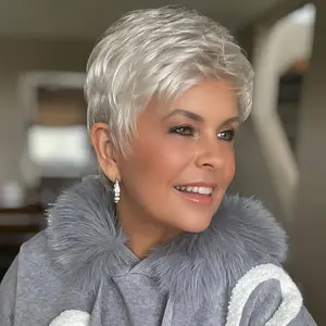 2025 Arrivals Wholesale Brazilian Remy Human Hair Wig - Natural Gray (Silvery/White) Elf Cut with Bangs, 6-Inch Brushed Straight Hair, High Density 150% for Everyday & Special Events - Suitable for Caucasian Women, Holiday Hairpiece, Sleek Hairstyle, Prem