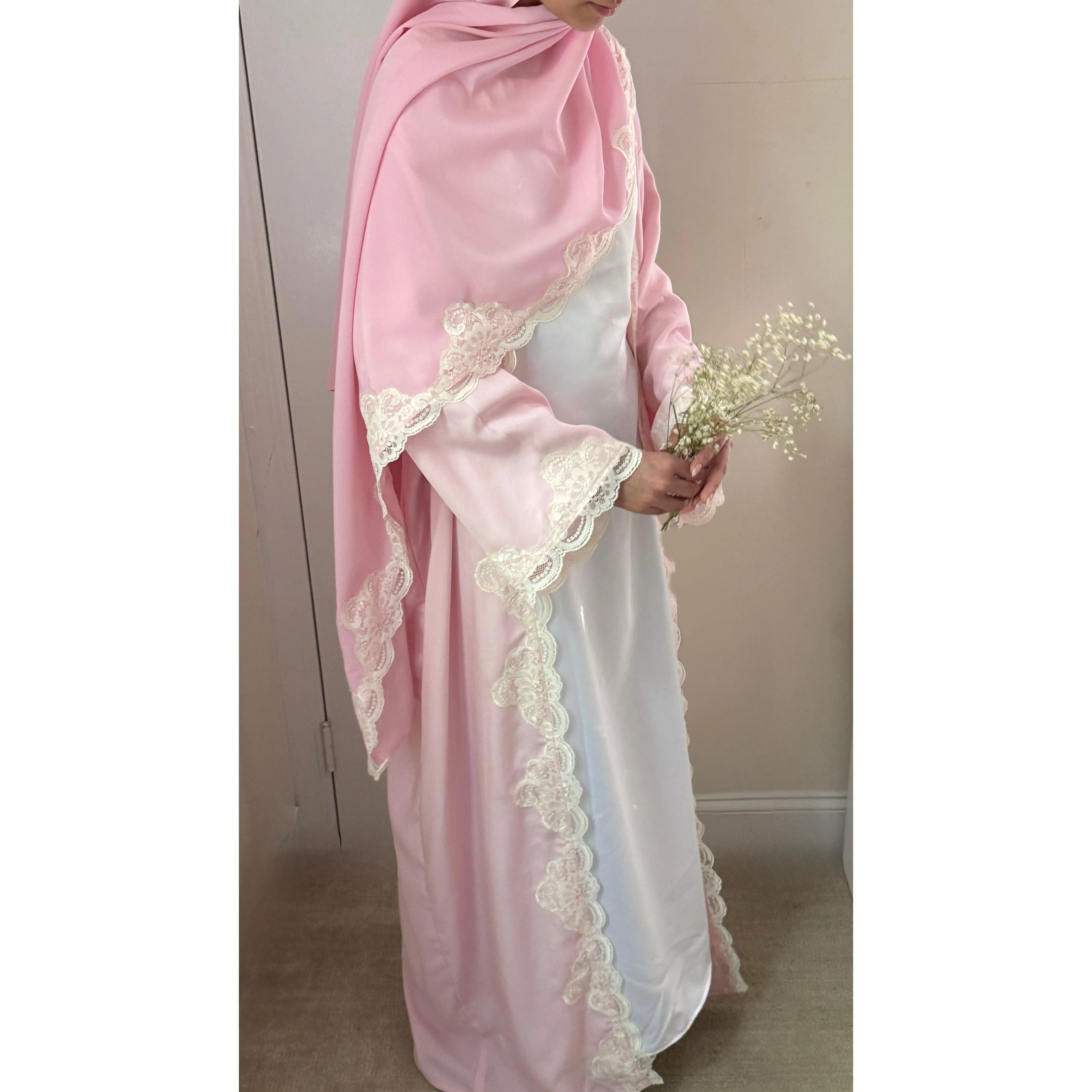 Blush Lace Trim Abaya - 3 piece set