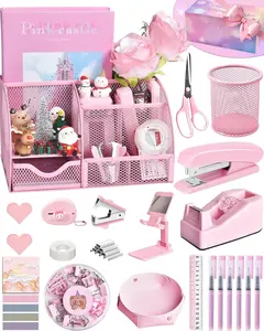 24-Piece Pink Desk Accessories Set including Tape Dispenser Stapler Staple Remover Pens and Organizers in Gift Box for Office or Study