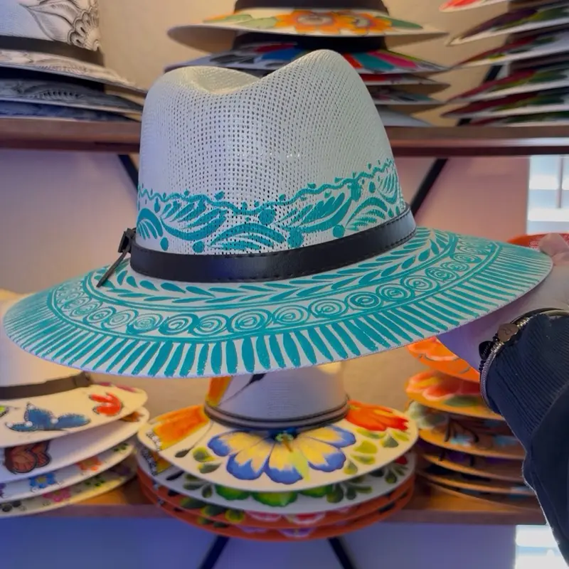 Hand-Painted Turquoise Mexican Geometric Folk Art Wide-Brim Hat