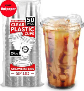 [50Sets]24oz-12oz Clear Plastic Cups with Lids Disposable, Togo Drinking Cup with Strawless Sip Lid for Smoothie, Cold Brew Iced Coffee, Lemonade, Ice Latte, Boba, Party Drinks, Bulk