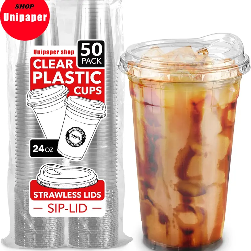 [50Sets]24oz-12oz Clear Plastic Cups with Lids Disposable, Togo Drinking Cup with Strawless Sip Lid for Smoothie, Cold Brew Iced Coffee, Lemonade, Ice Latte, Boba, Party Drinks, Bulk