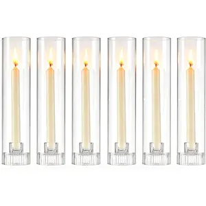 Hurricane Taper Candle Holders - Set of 6 Clear Glass Tapered Candlesticks with Covers, 11.8 inch Tall Fluted Candle Stick Holder Bulk, Ribbed Centerpieces for Wedding Christmas Table Decor
