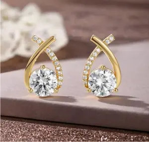 2ct Moissanite Stud Earrings for Women, Earrings in Crossed Asymmetrical, Mermaid Tail Earrings, D Color VVS1 18K Gold Plated 925 Sterling Silver Hypoallergenic, Round Cut Lab Created Diamond for Gif