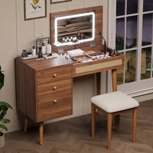 39" Retro Vanity Desk with LED Mirror & Lights, Flip-Top Makeup Table with 3 Drawers & 10 Storage Compartments, Vintage Dressing Table Set for Bedroom