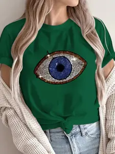 Blue Eye Devil Demon Rhinestone Women's T-Shirt, Casual Loose-Fit Graphic Tee, Boho Style Short Sleeve Top for Spring Summer