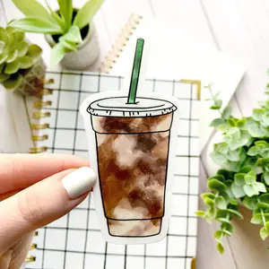 Watercolor Iced Coffee Waterproof Vinyl Sticker, 4x2"