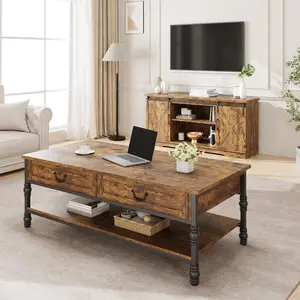41-Inch Retro Look Wooden Coffee Table with Storage Drawers and Metal Legs, Multi-Functional Indoor Storage Furniture