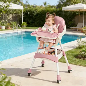 Portable Baby High Chair for Infants & Toddlers | Stable Feeding Chair with Lockable Wheels, Toy Storage Basket & Easy-Clean Cushion（pink） adjustable tray detachable pu cushion