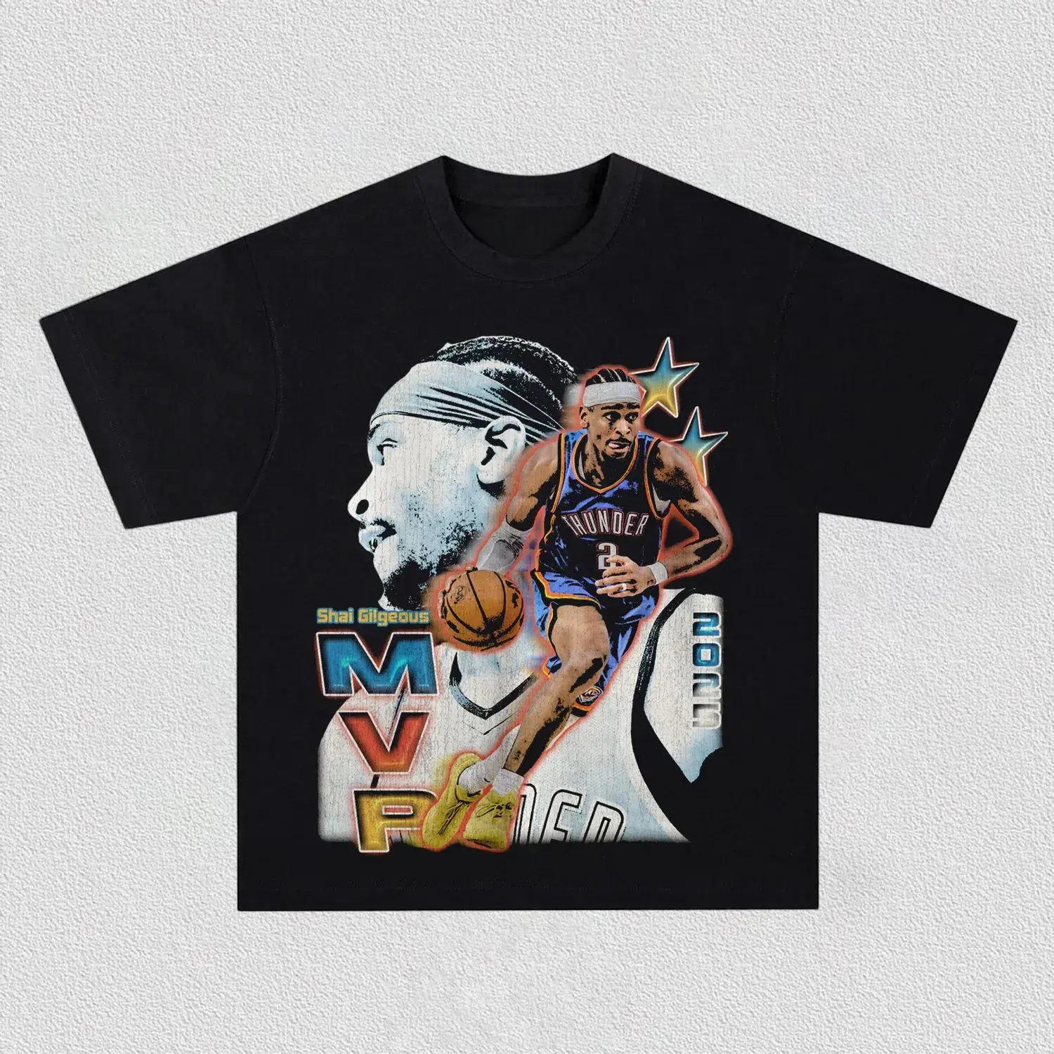 Youth and Adult Vintage Shai Gilgeous-Alexander Graphic T-Shirt, Retro Basketball Fan Tee, Double Portrait & Star Print, Oversized Heavyweight Cotton, Unisex Black Streetwear Shirt