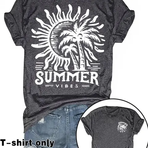 Women's Letter Print Round Neck Tee, Casual Short Sleeve Crew Neck T-shirt for Summer, Fashion Women's Top for Daily Wear