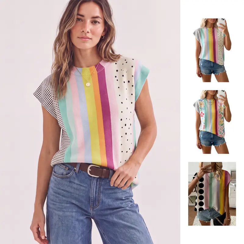 Mundoven Autumn/Spring/Summer Women's Crew-Neck Drop-Shoulder Sleeveless Loose-Fit Striped /floral/ polka-dot sweater with Contrast Stripe Spliced Print, Vacation Style Everyday Chic Casual Elegant Commute Top, Bikini Cover-Up, Womenswear Floral Shirts
