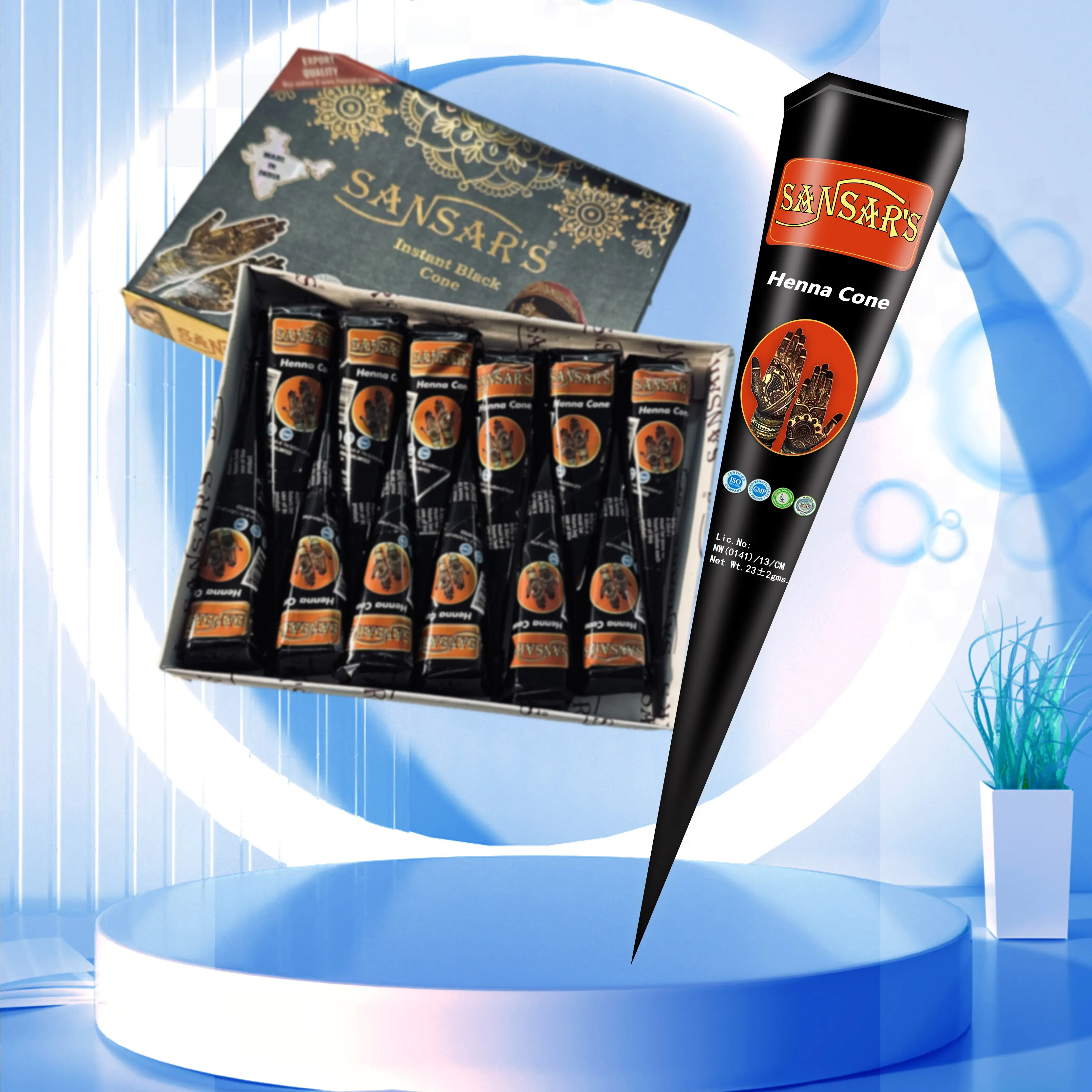 Natural Henna Cones 6 Pack (25g), Ready-to-Use Reddish-Brown Mehndi Paste for Unisex Haircare, Body Art & Flower Designs