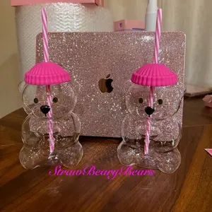 Straw-beary Bearista Glass Bear Cup with Adorable Pink Lid and Striped Straw