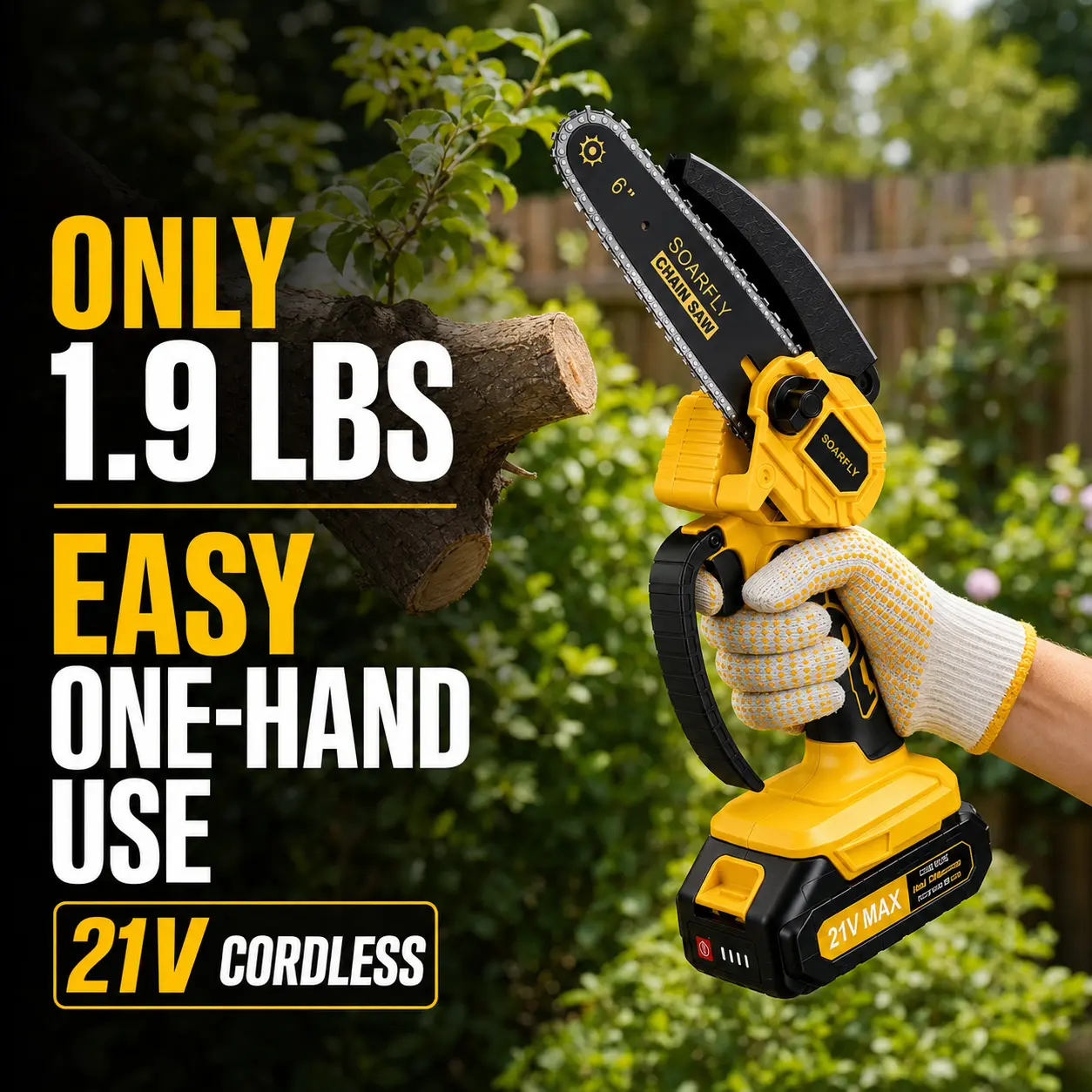 SOARFLY 6-Inch Cordless Mini Chainsaw with 2 Batteries, 21V Lightweight One-Hand Electric Chainsaw, Tool-Free Chain Tension & Safety Lock for Tree Trimming and Yard Work