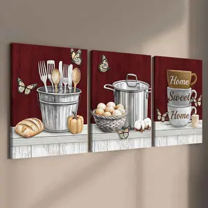3-Piece Solid Wood Frame Canvas Art Set, Wooden Wall Art, Modern Kitchen Theme Posters, Perfect Living Room Decor, Waterproof Wall Mural, HD Home Decoration