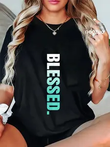 100% Cotton Teal Aqua Blessed. Vertical Teal Aqua Graphic T-Shirt