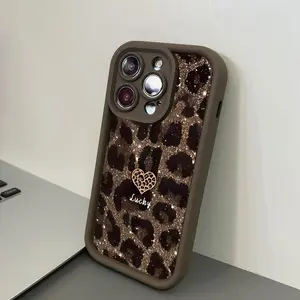 Phone Case: 1 brown style, fashionable and trendy glitter leopard heart lucky pattern phone case, an ideal gift for both men and women, suitable for iPhone 17/16/15/14/13/12/11/X/XS/XSMAX/16E/12.13MINI