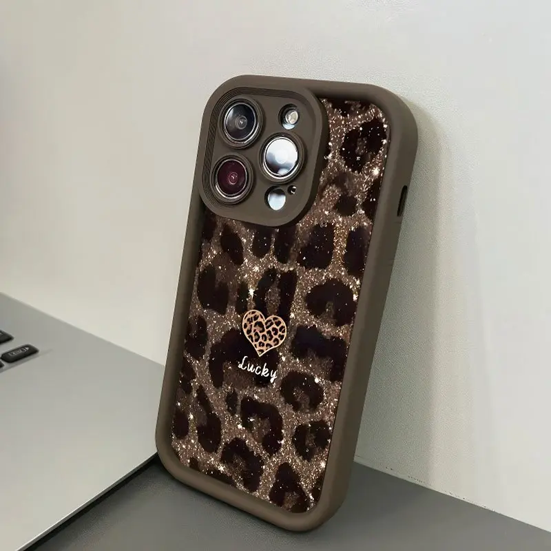 Phone Case: 1 brown style, fashionable and trendy glitter leopard heart lucky pattern phone case, an ideal gift for both men and women, suitable for iPhone 17/16/15/14/13/12/11/X/XS/XSMAX/16E/12.13MINI, Cover, Accessories, Smartphone, Cellphone,
