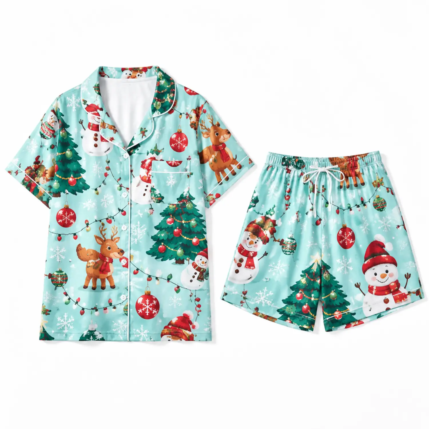 Christmas Print Short Sleeve Button Front Pajama Set with Matching Shorts, Lightweight Holiday Sleepwear for Comfortable Nightwear