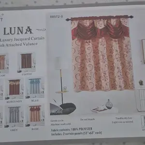 Luna Luxury Jacquard Curtain with Attached Valance 88572-8 Rose 100% Polyester 53"x63" Panels