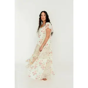 Isabella Floral Lace Trim Maxi Dress in Beige Multi - Bump Friendly