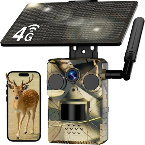 Solar Powered 4G LTE Trail Camera - PIR Detection Range 18m, 2K HD Wireless Security Camera, Cloud Storage Supported, Motion Activated, App Controlled, Waterproof, Night Vision, 4G SIM Included, Memory Card Slot, Tree Mount, Ideal for Hunting