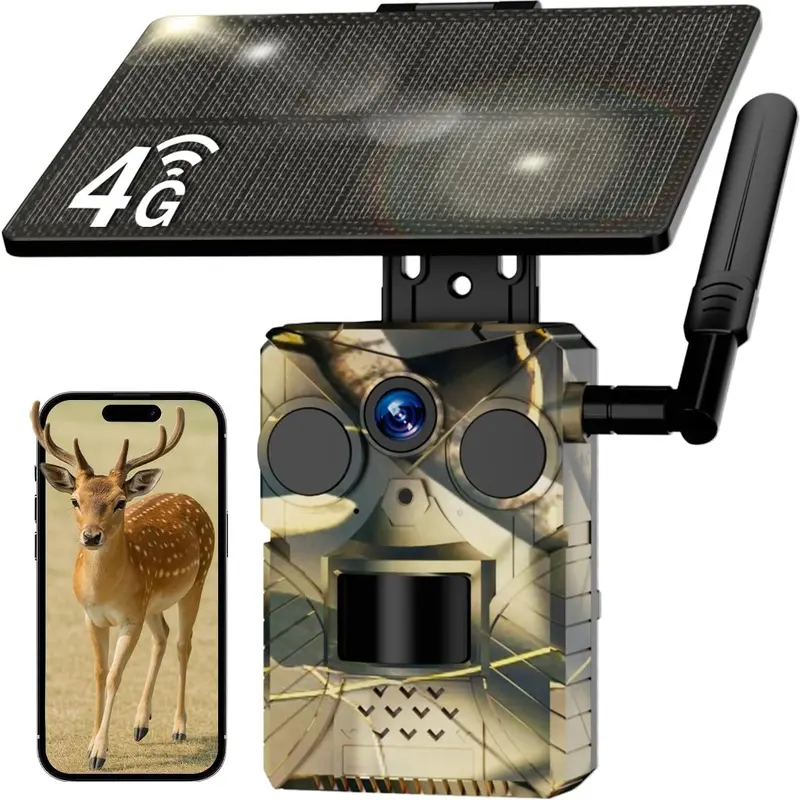 Solar Powered 4G LTE Trail Camera - PIR Detection Range 18m, 2K HD Wireless Security Camera, Cloud Storage Supported, Motion Activated, App Controlled, Waterproof, Night Vision, 4G SIM Included, Memory Card Slot, Tree Mount, Ideal for Hunting