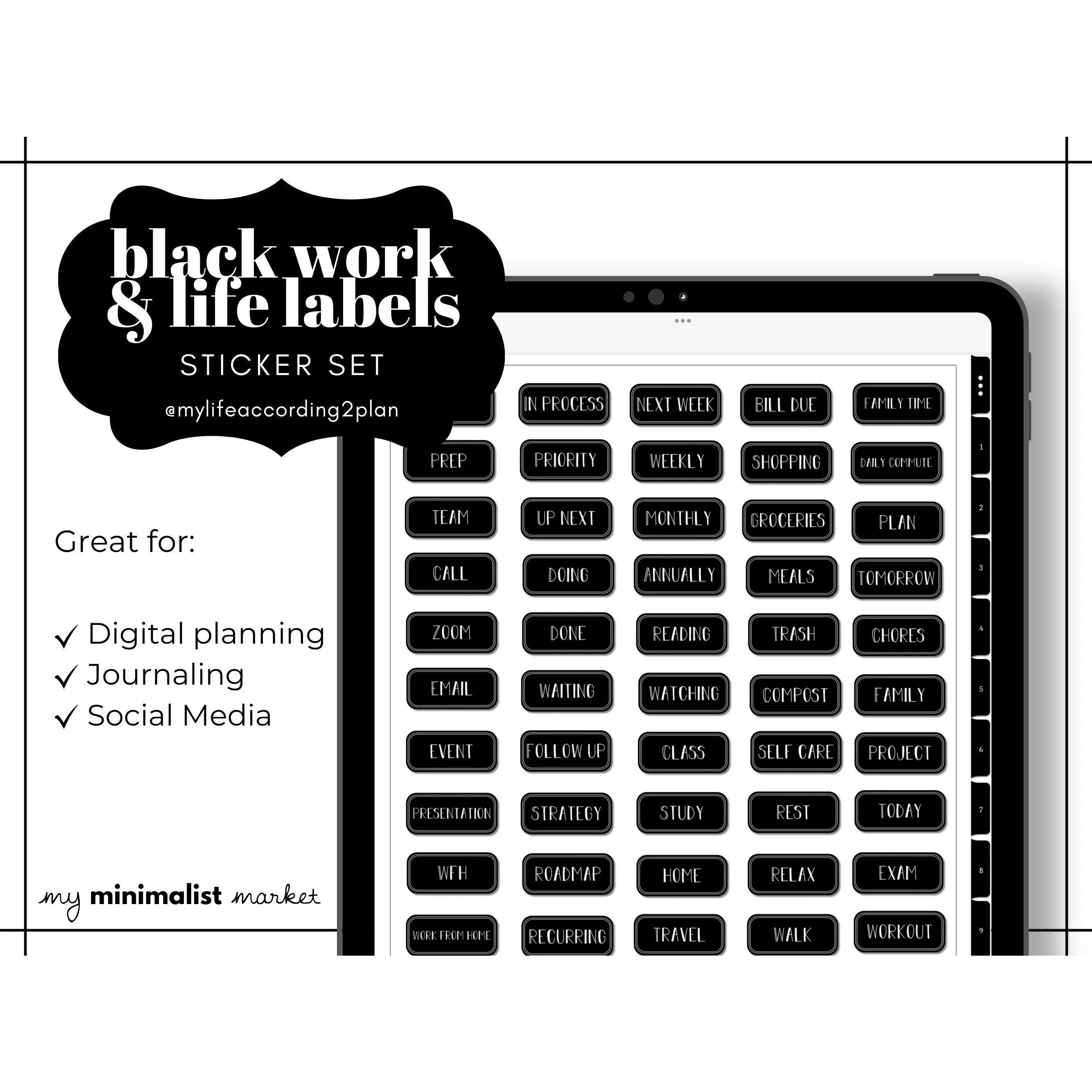 Minimalist Black Everyday Stickers, Work, Study & Life Labels Sticker Set, Digital Planner Stickers, GoodNotes 5 Elements, Precropped