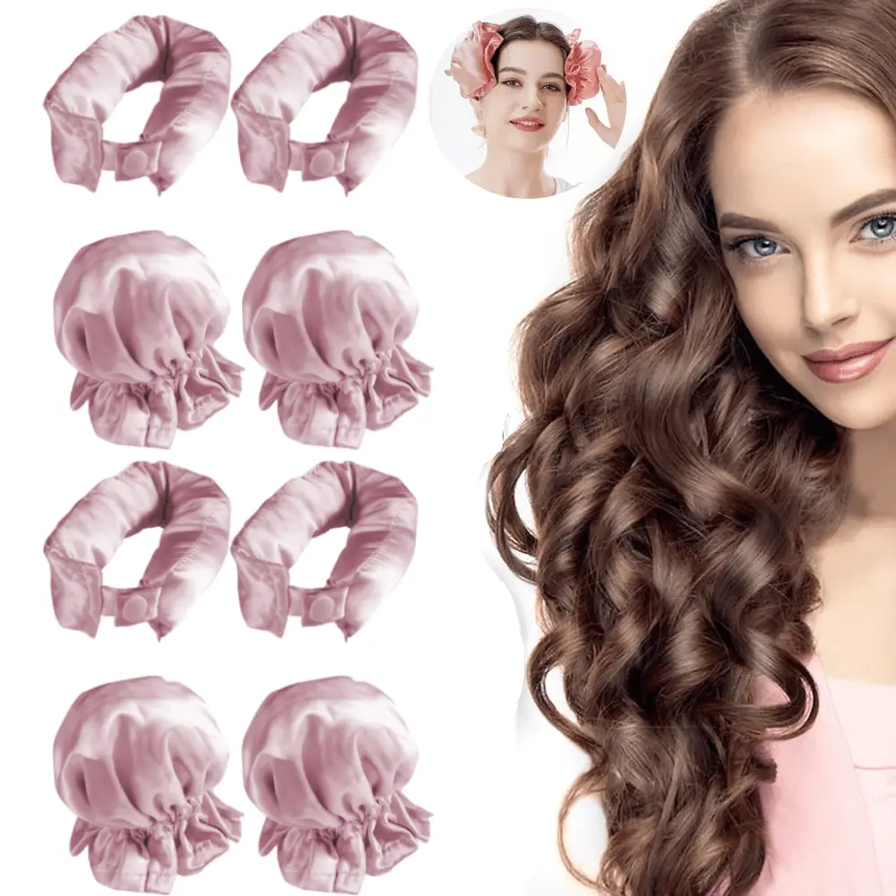 Satin Heatless Hair Curler Set - 8PCS with 4 Cap Sets, Unisex Solid Headband for Women, Long Hair Heatless Curls, Heatless Curlers, Curling Styling Tool