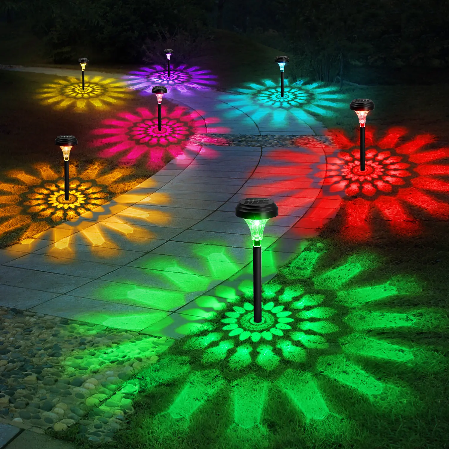 Nupostai Multicolor Solar Pathway Lights, Color Changing & Warm White, IP67 Waterproof, Auto Work, Sunflower Pattern, Outdoor Garden Lights for Walkway, Yard, Backyard, Patio, Landscape Decor, Halloween, Christmas