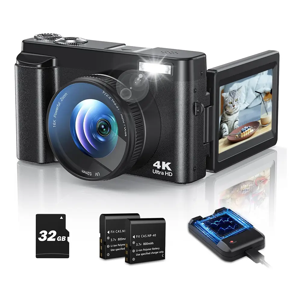 2025 Newest 4K Digital Camera with 180° Flip Screen - Portable Vlogging Camera, 32GB TF Card & Battery Charger Inculded, Autofocus, Flash, Anti-Shake,