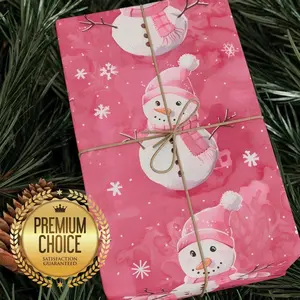 Cute Pink Snowman Wrapping Paper with Adorable Snowmen and Snowflakes for Christmas Gift Wrapping, Snow-Woman Gift Wrap