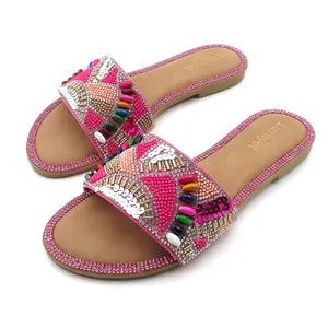 Sparkling Women's Glitter Slide Sandals with Fancy Jeweled Design Comfortable Slip-On Flats