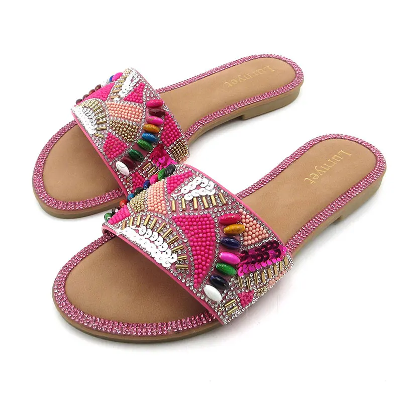 Women's Glitter Slide Sandals - Classy Slip On Jeweled Flats, Fashionable and Comfy PU Leather, Durable Everyday Shoes, Classy Sandals, Durable Sandals